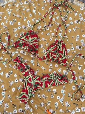 Red Tropical Leaf String Bikini Set